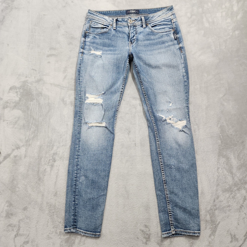 Silver Jeans Women 29 Blue Light Wash Sam Mid Rise Slim Leg Boyfriend Distressed